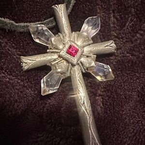 Silver Pewter and Red Crystal Cross Pendant Necklace